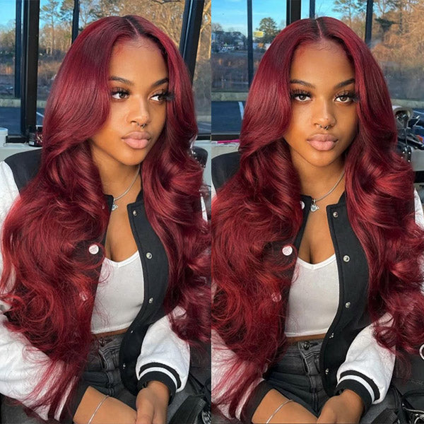 Firieya Pre-cut Lace Wig Body Wave Hair 99J Burgundy Color Wear Go Glueless Wig 7x5 HD Lace Wig Preplucked with Natural Hairline