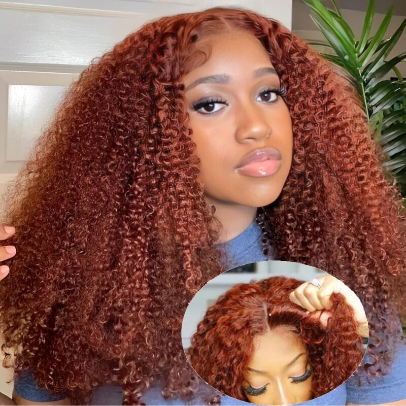 Firieya 9x6 Pre-Cut Lace #33 Reddish Brown Kinky Curly Pre-Bleached Glueless Wig Invisible Lace Wig Dome Cap Wigs