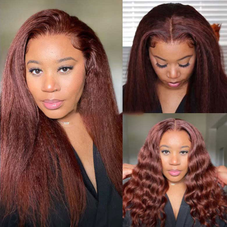 Firieya 7x5 Reddish Brown Kinky Straight Wig Ready To Go Glueless Lace Wigs Human Hair