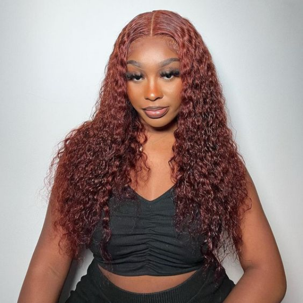 Firieya Water Wave Reddish Brown Color Wear Go Glueless Wig Pre-cut Lace Wig Preplucked 7x5 HD Lace Wig