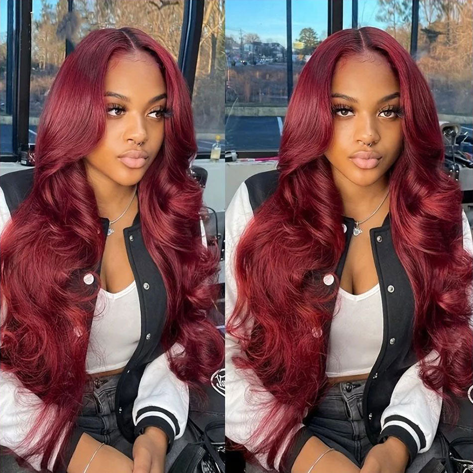 Firieya 99J Burgundy Wigs Body Wave Glueless Human Hair Wigs 4x4 Tansparent Lace Closure Wig