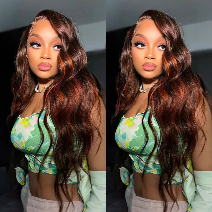 Firieya Brown with Ginger Highlights Body Wave 13x4 Transparent Lace Frontal Human Hair Wig