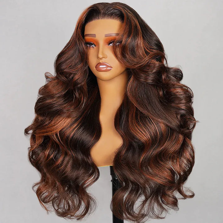 Firieya Brown with Ginger Highlights Body Wave 13x4 Transparent Lace Frontal Human Hair Wig