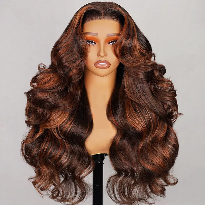 Firieya Brown with Ginger Highlights Body Wave 13x4 Transparent Lace Frontal Human Hair Wig