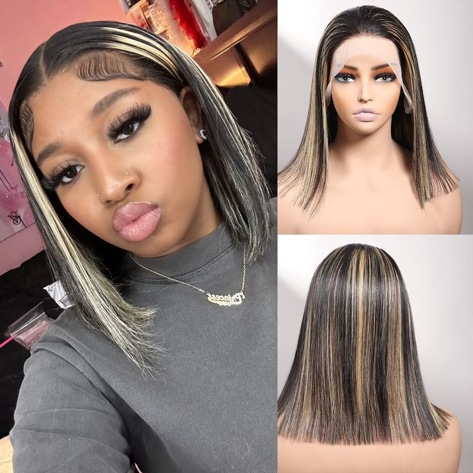 Firieya P1B/27 Balayage Ombre Highlight Straight Bob Wig 13x4 HD Lace Front Wig Pre Plucked Human Hair