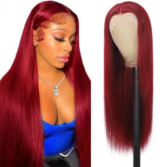 Firieya Straight Burgundy Hair Transparent 13x4 Lace Front Wig Pre Plucked Human Hair Wigs