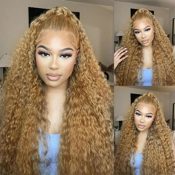 Firieya 13x4 Jerry Curly Human Hair Wigs Honey Blonde #27 Color Hair Transparent Lace Wigs