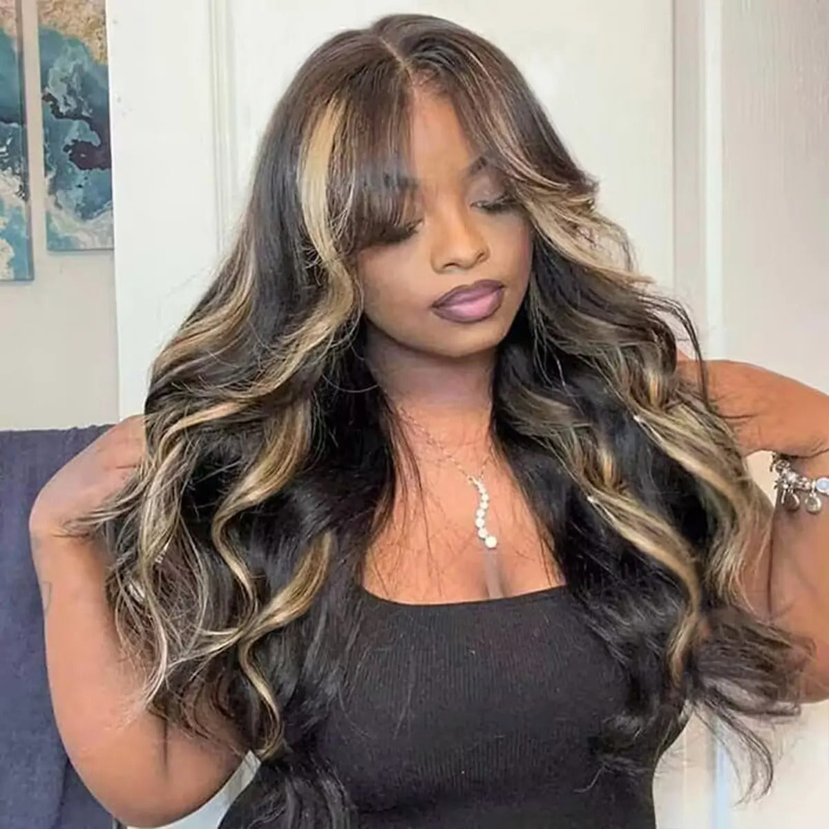 Firieya Balayage Highlight Curtain Bangs Body Wave 13x4 HD Lace Layered Glueless Human Hair Wig