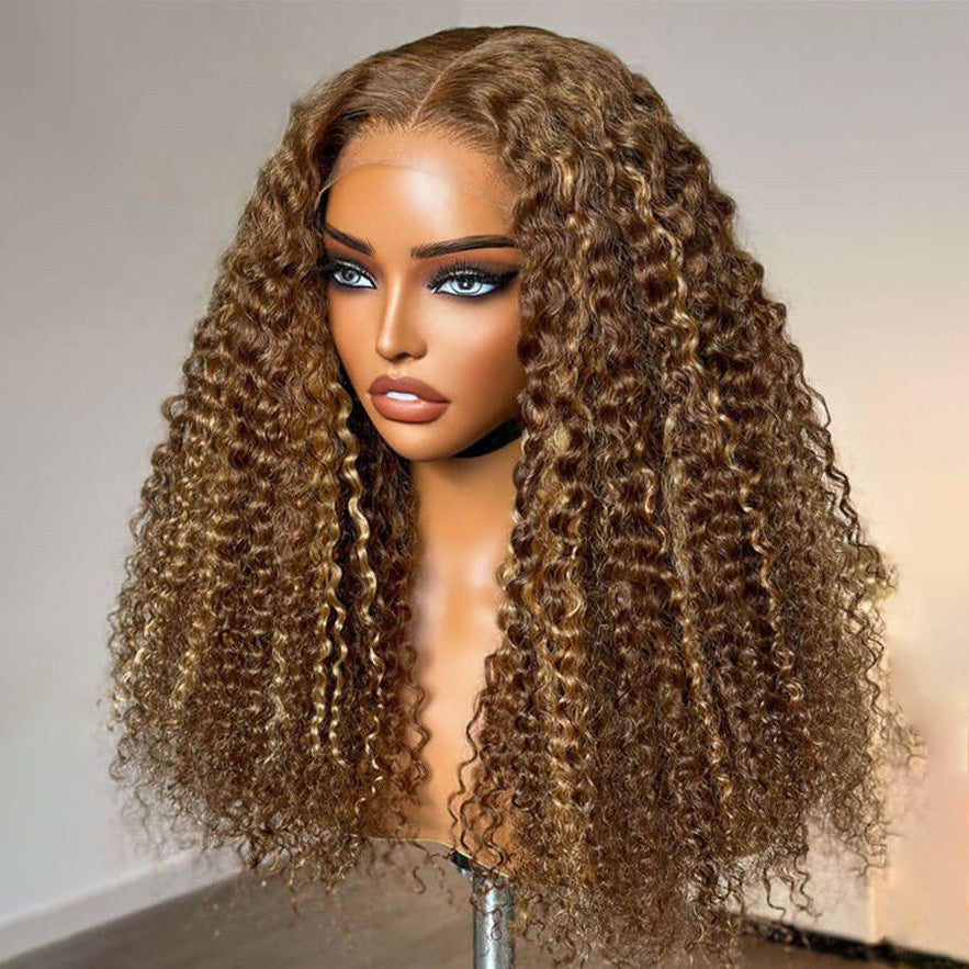 Firieya #4/27 Highlight Brown With Blonde Kinky Curly 13x4 HD Lace Frontal Wig With Baby Hair Pre-plucked Natural Hairline