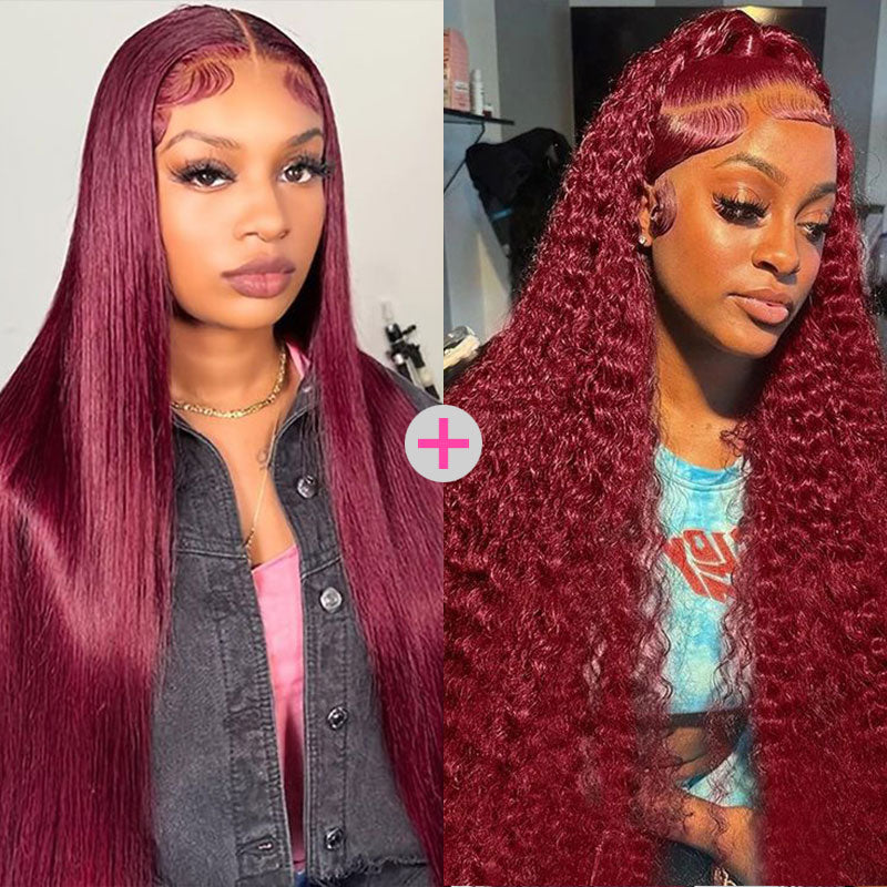 2 Wigs = $279 | 26" 13x4 Straight #99J Colored Wig & 24" 13x4 #99J Jerry Curly Wig